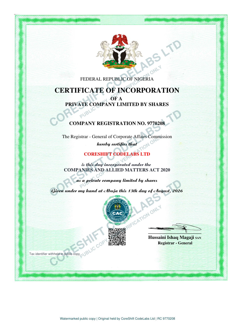 Watermarked CAC certificate of incorporation for CoreShift CodeLabs Ltd, registration number 9770208, dated 13 August 2026